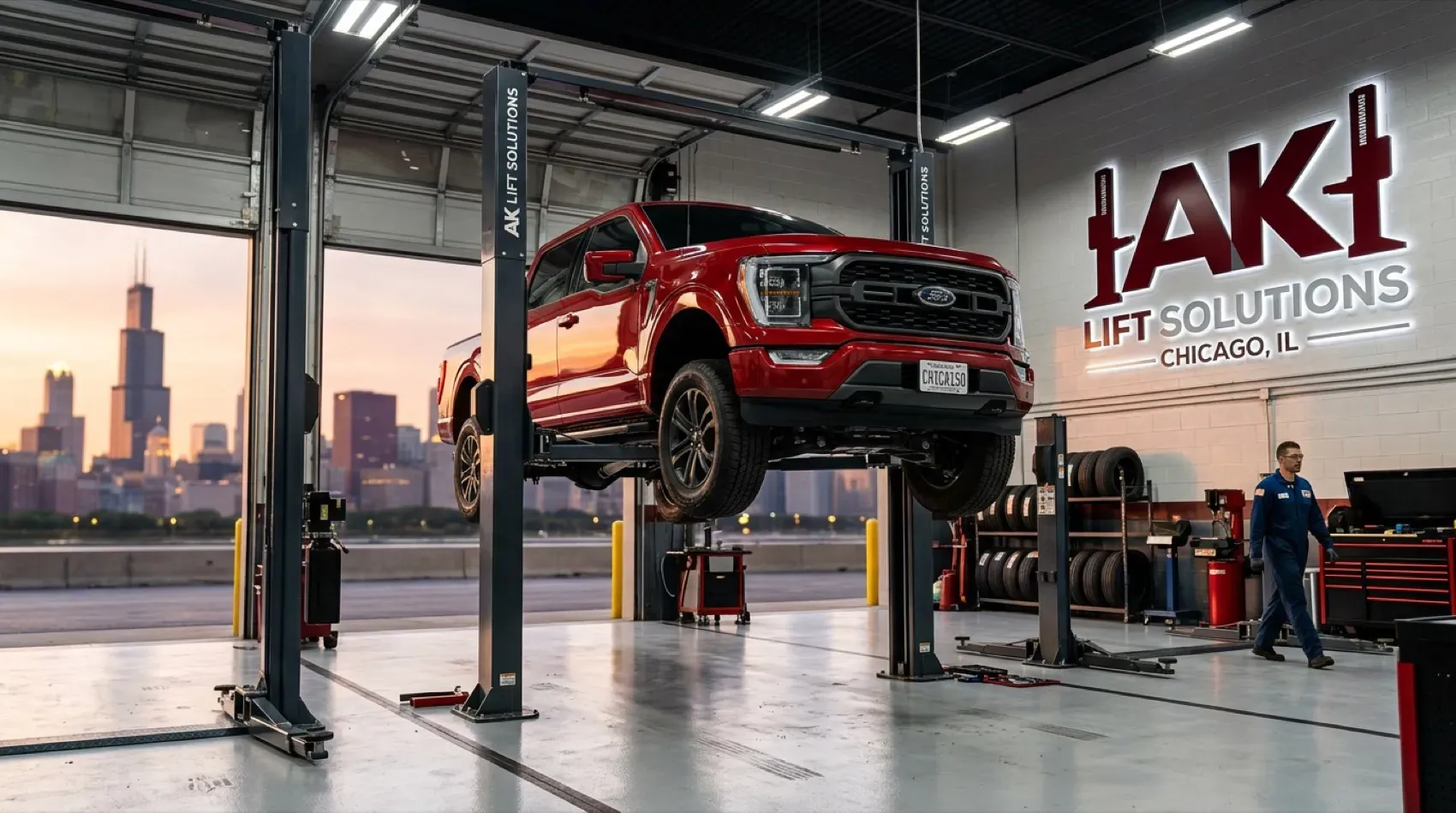 A red pickup truck raised on an AK Lift Solutions two-post lift in a Chicago shop